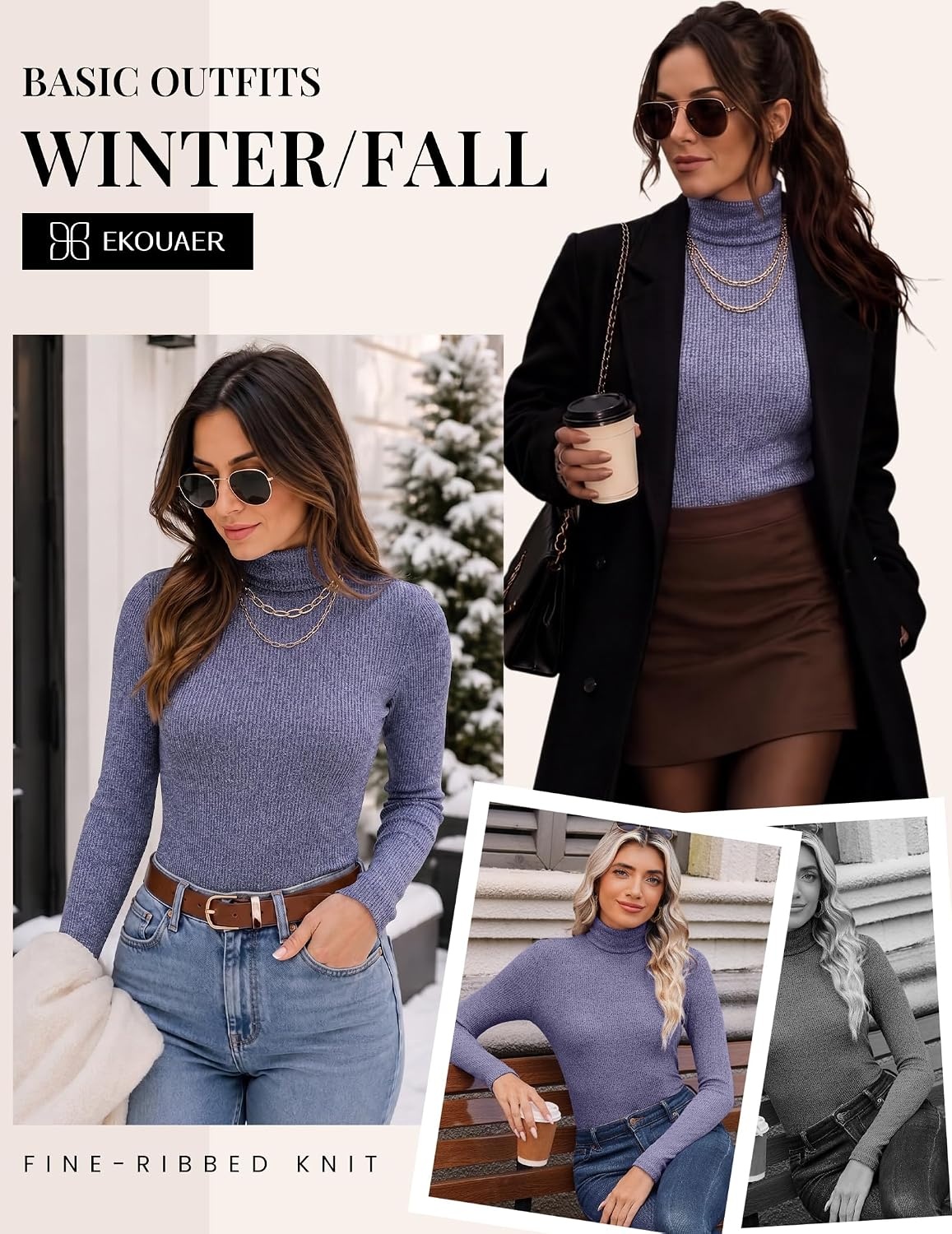 image:imageEkouaer Women Ribbed Turtleneck Long Sleeve Turtle Neck Tops Thermal ShirtsNavy Blue