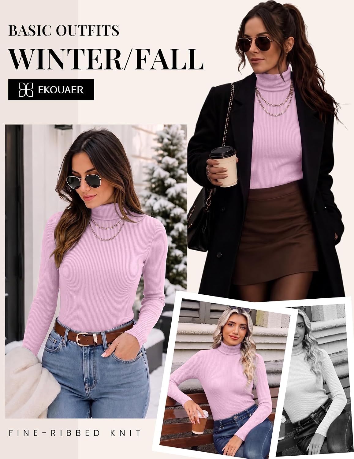 image:imageEkouaer Women Ribbed Turtleneck Long Sleeve Turtle Neck Tops Thermal ShirtsPink