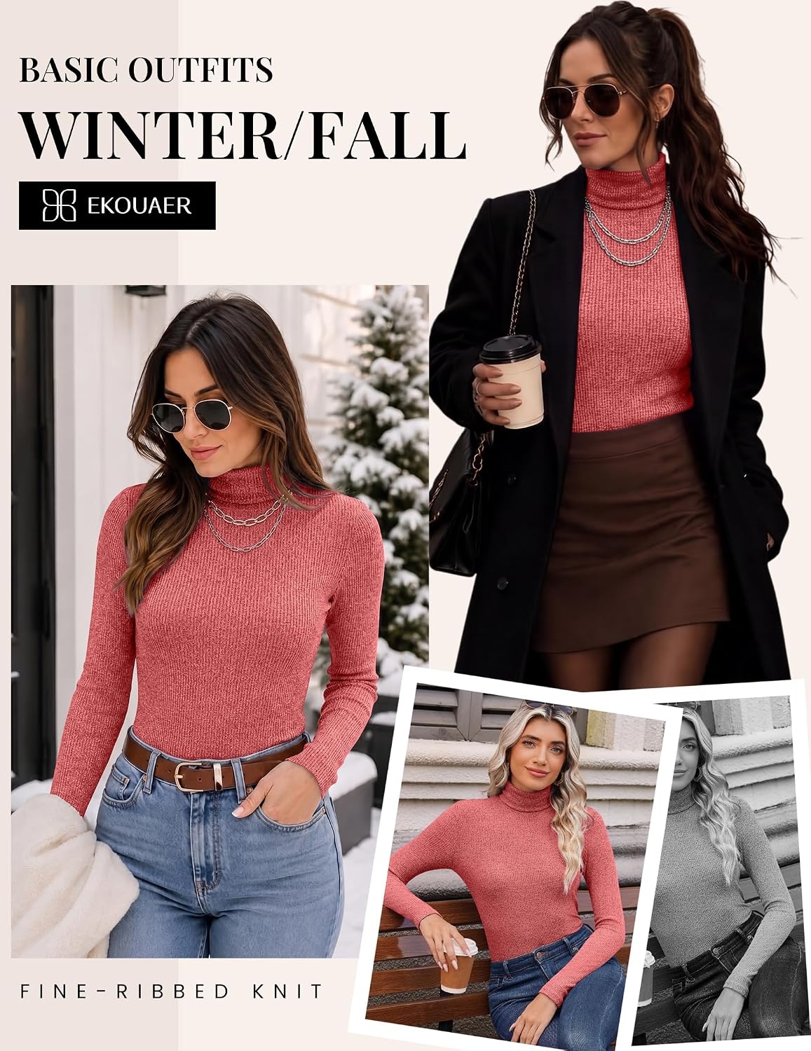 image:imageEkouaer Women Ribbed Turtleneck Long Sleeve Turtle Neck Tops Thermal ShirtsRed