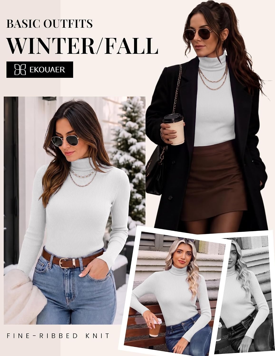 image:imageEkouaer Women Ribbed Turtleneck Long Sleeve Turtle Neck Tops Thermal ShirtsWhite