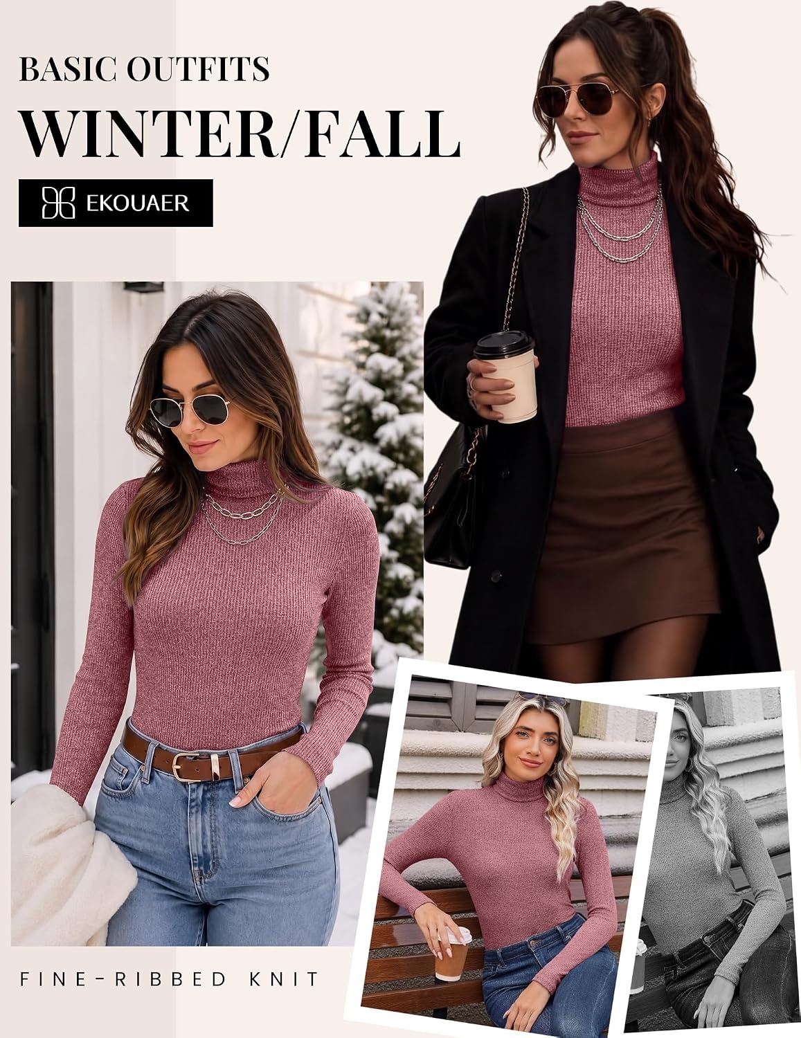 image:imageEkouaer Women Ribbed Turtleneck Long Sleeve Turtle Neck Tops Thermal ShirtsWine Red