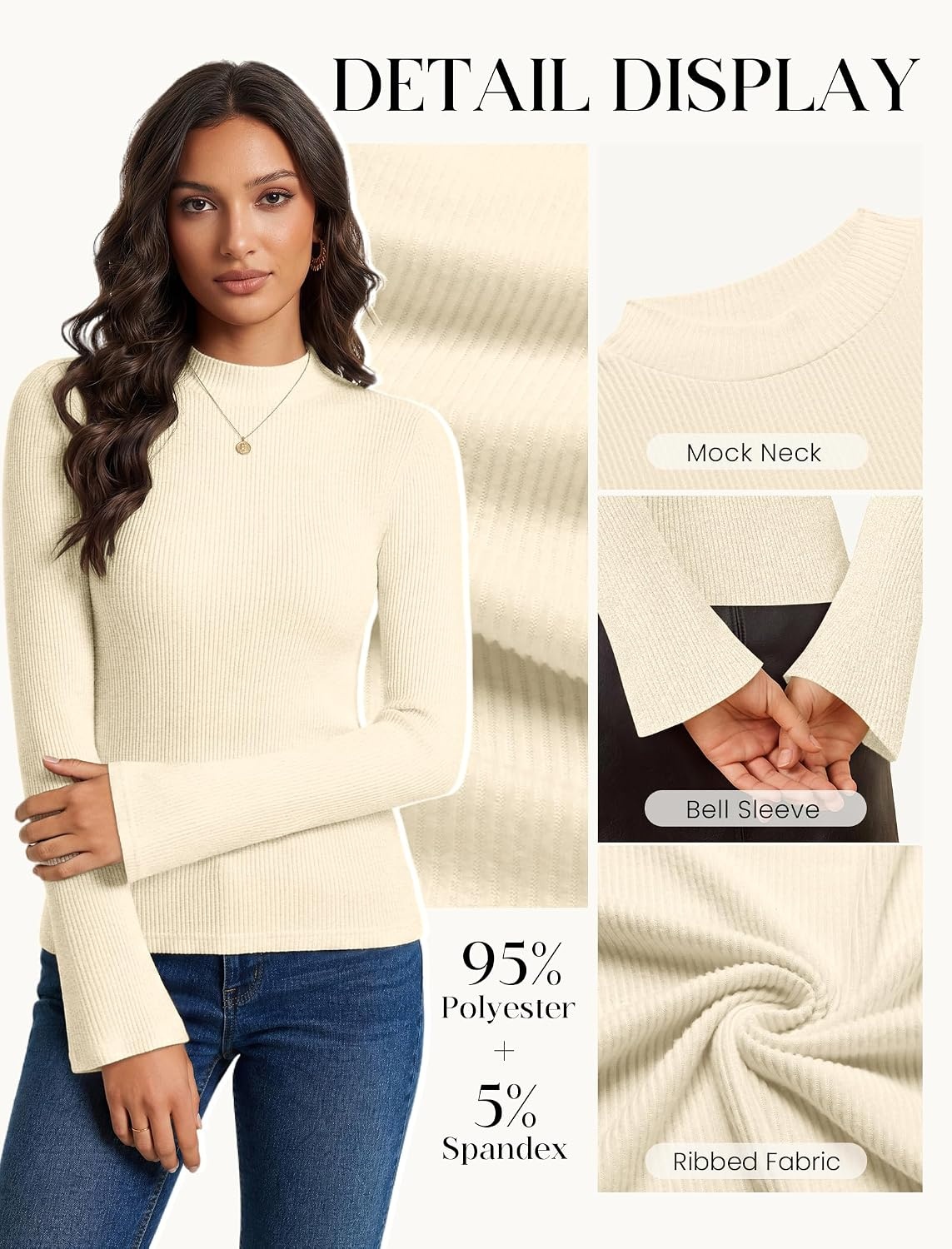 image:imageWomen Mock Turtleneck Tops Ribbed Long Sleeve Shirts Trendy Fall TShirtsBeige
