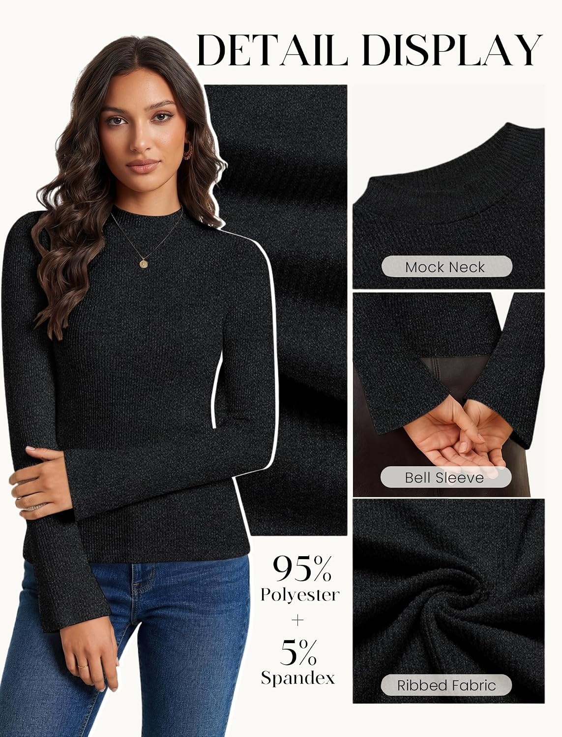 image:imageWomen Mock Turtleneck Tops Ribbed Long Sleeve Shirts Trendy Fall TShirtsBlack