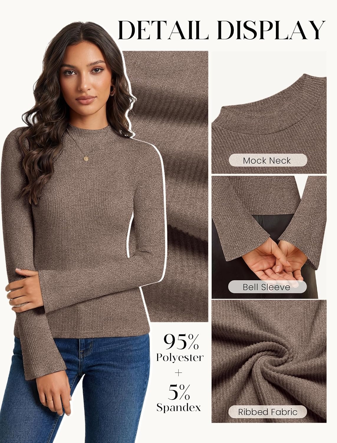 image:imageWomen Mock Turtleneck Tops Ribbed Long Sleeve Shirts Trendy Fall TShirtsBrown