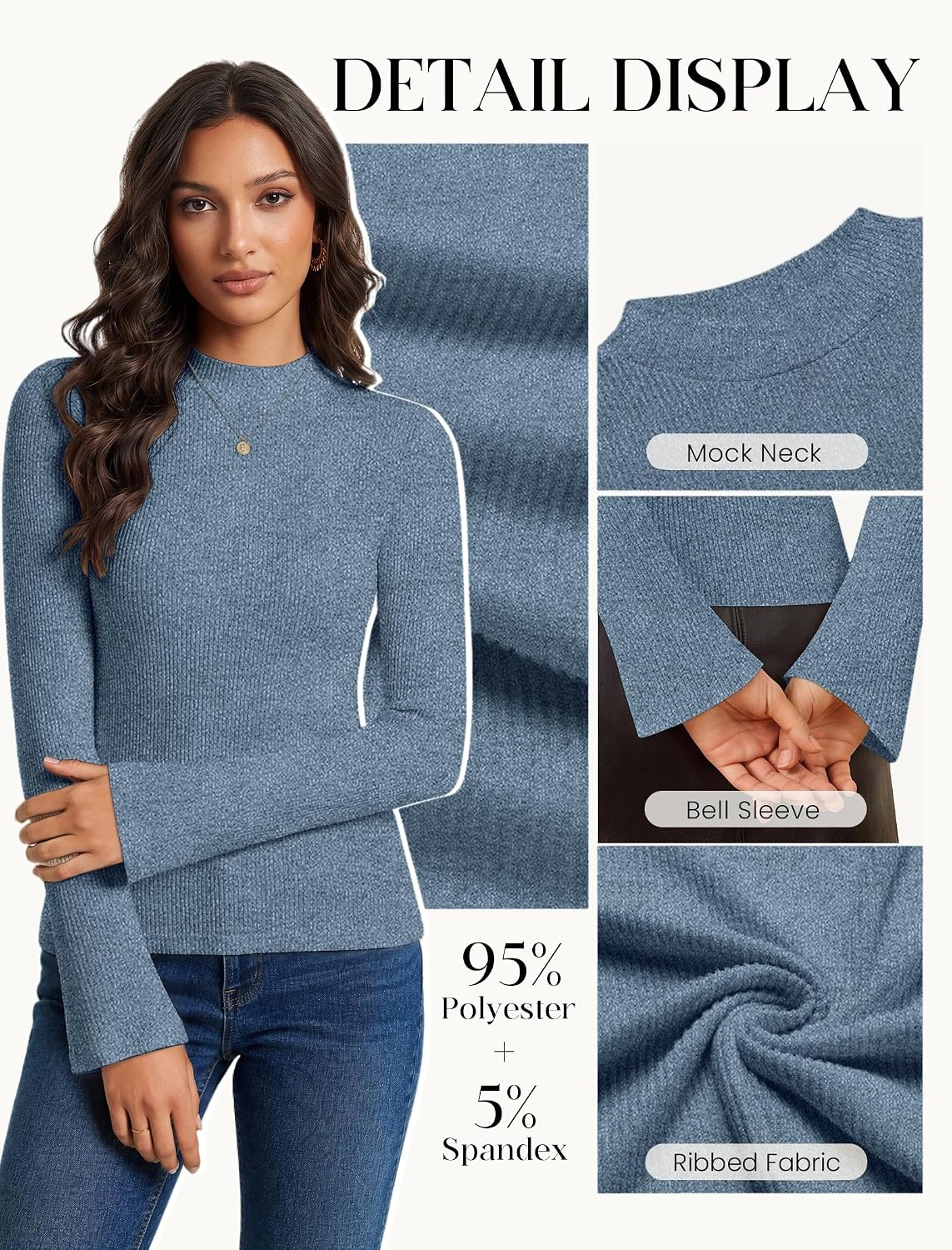 image:imageWomen Mock Turtleneck Tops Ribbed Long Sleeve Shirts Trendy Fall TShirtsDusty Blue