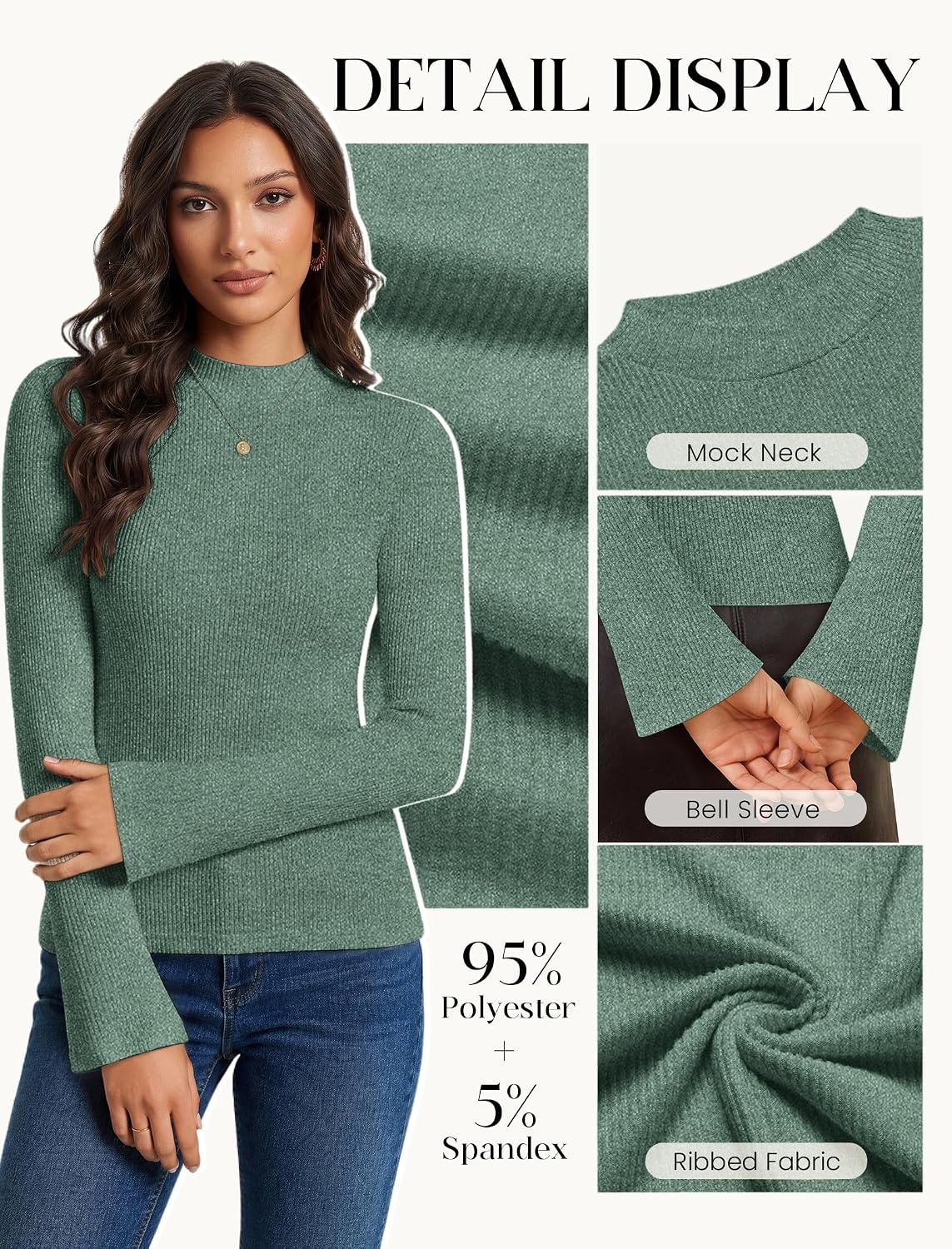 image:imageWomen Mock Turtleneck Tops Ribbed Long Sleeve Shirts Trendy Fall TShirtsLake Green