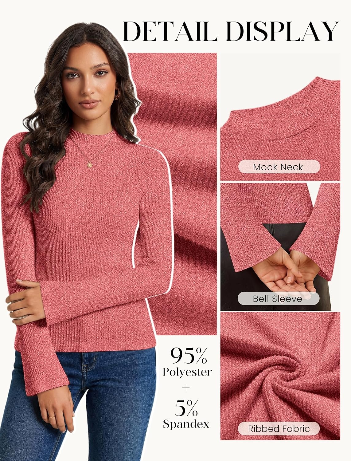 image:imageWomen Mock Turtleneck Tops Ribbed Long Sleeve Shirts Trendy Fall TShirtsRed