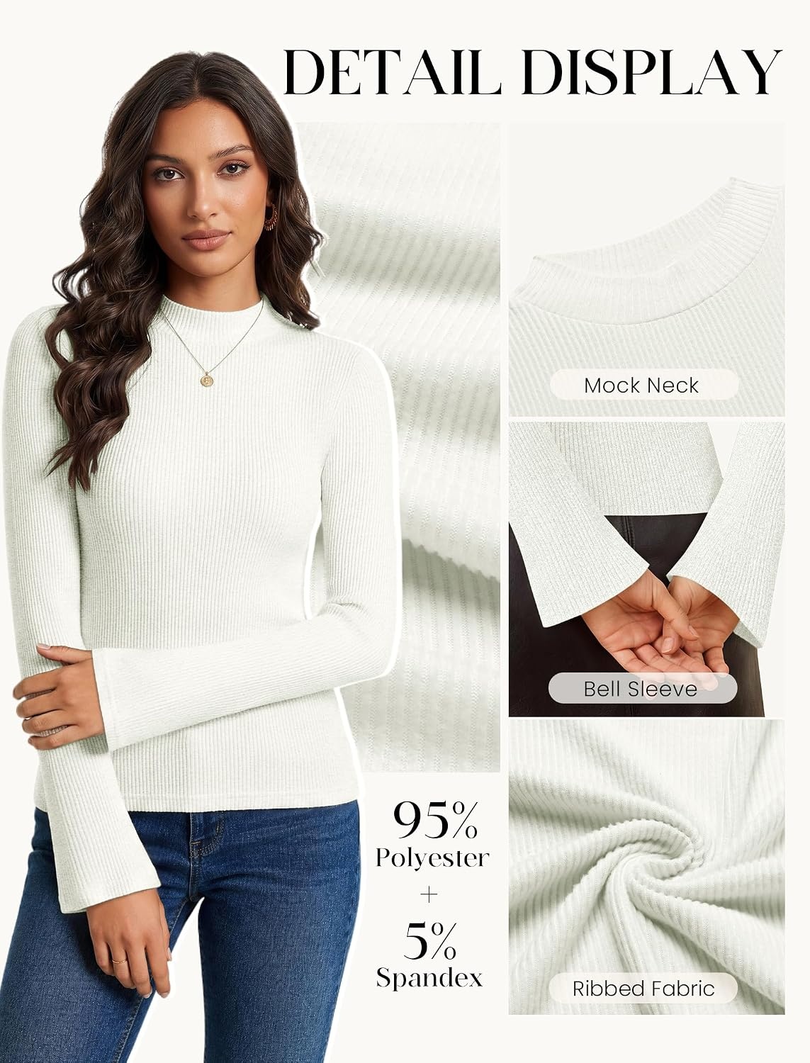 image:imageWomen Mock Turtleneck Tops Ribbed Long Sleeve Shirts Trendy Fall TShirtsWhite