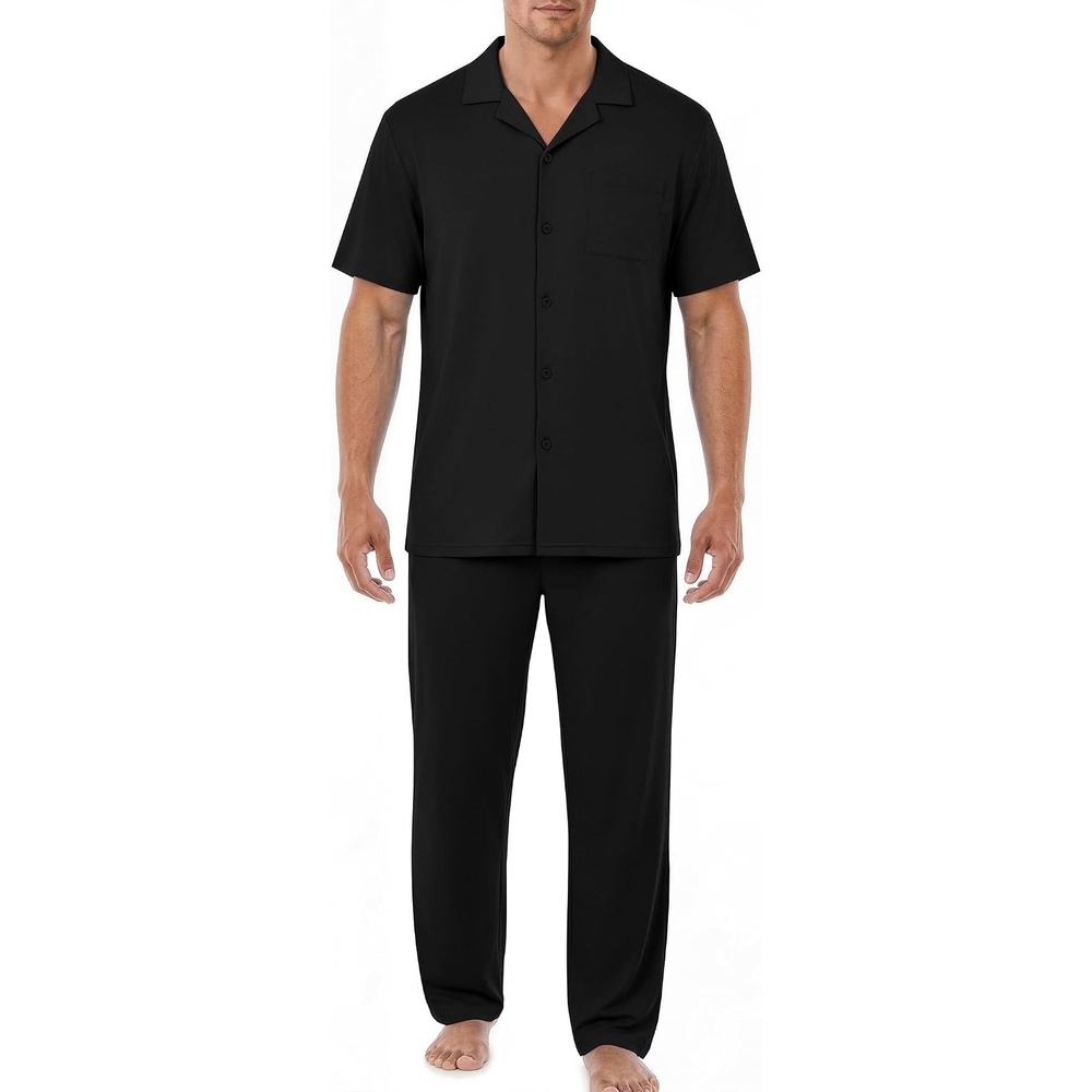 image:imageEKouear Mens Pajamas Set Button Down Short Sleeve Shirt Pjs with Long PantsBlack