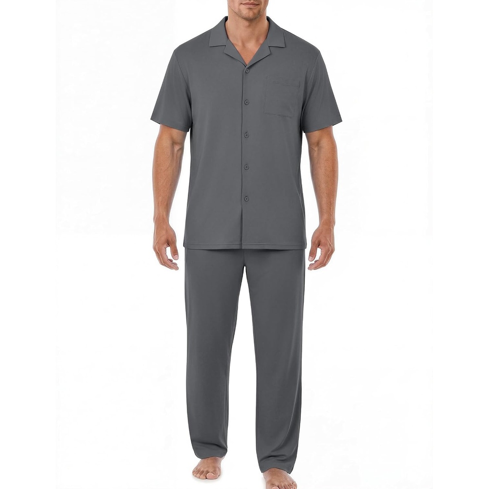 image:imageEKouear Mens Pajamas Set Button Down Short Sleeve Shirt Pjs with Long PantsDeep Gray