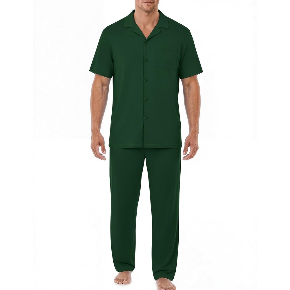 image:imageEKouear Mens Pajamas Set Button Down Short Sleeve Shirt Pjs with Long PantsGreen