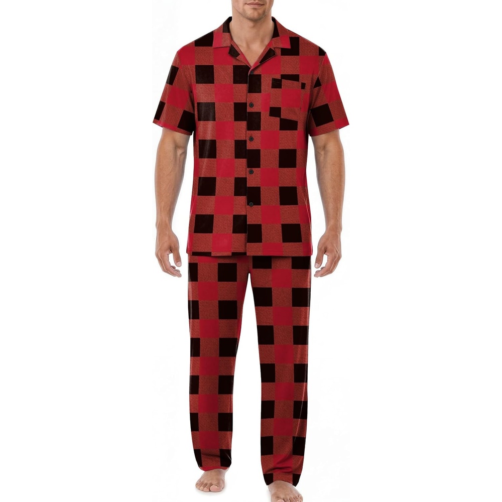 image:imageEKouear Mens Pajamas Set Button Down Short Sleeve Shirt Pjs with Long PantsGreen Blue Plaid