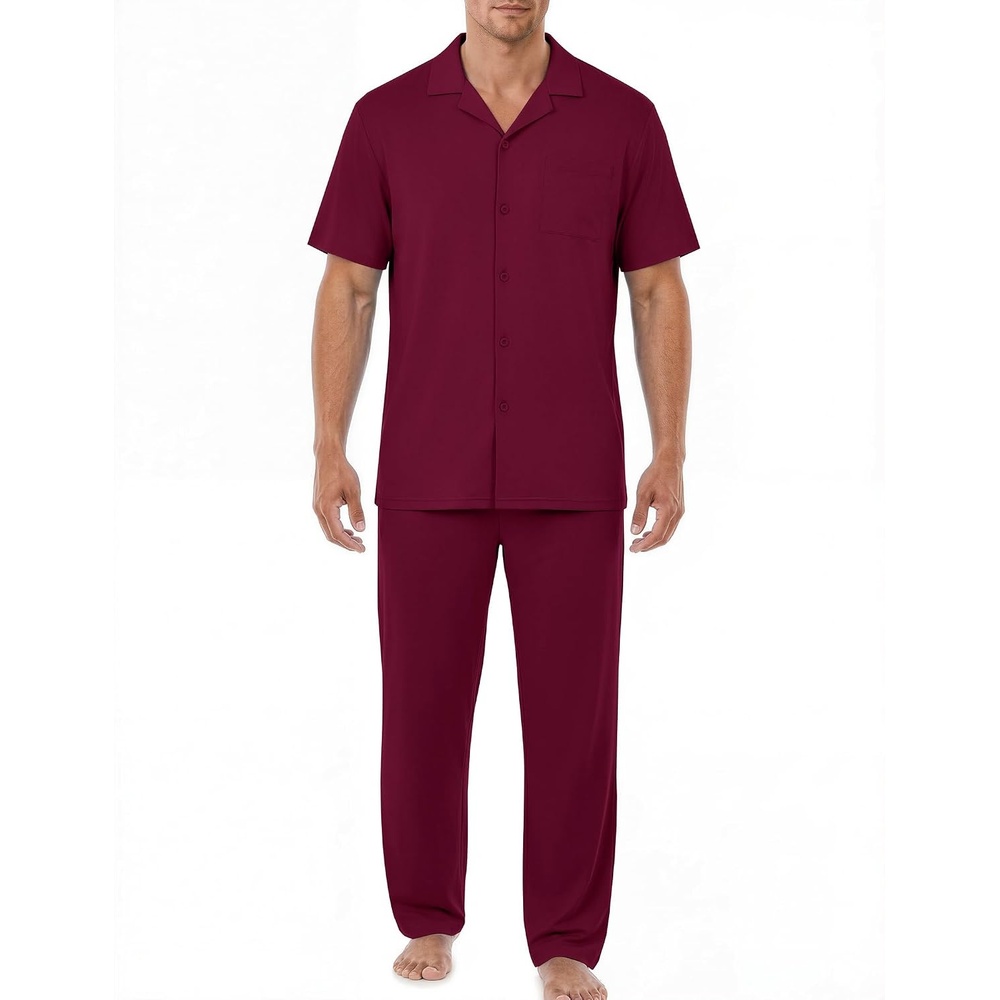 image:imageEKouear Mens Pajamas Set Button Down Short Sleeve Shirt Pjs with Long PantsWine Red