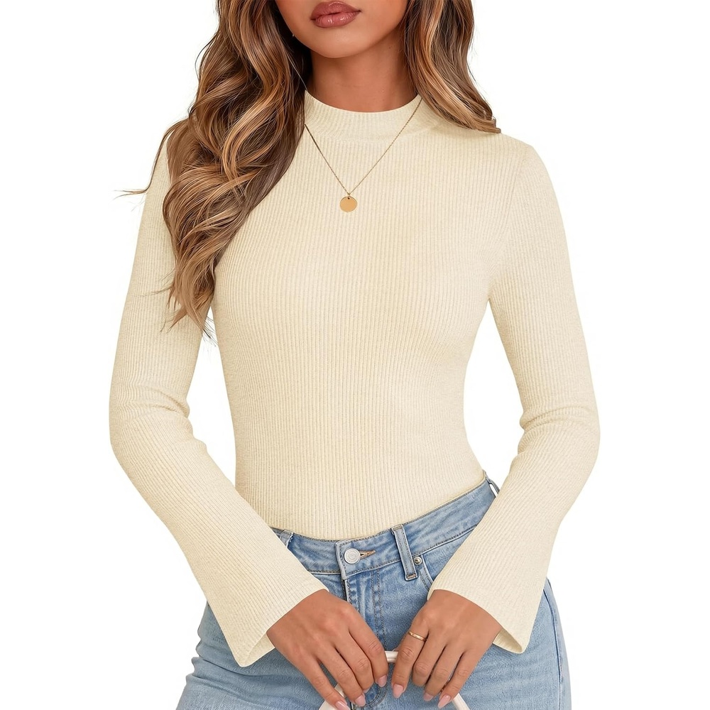 image:imageWomen Mock Turtleneck Tops Ribbed Long Sleeve Shirts Trendy Fall TShirtsBeige