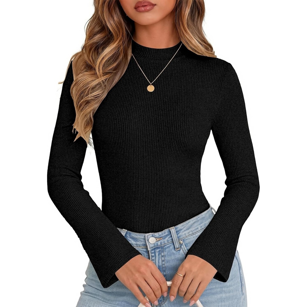 image:imageWomen Mock Turtleneck Tops Ribbed Long Sleeve Shirts Trendy Fall TShirtsBlack