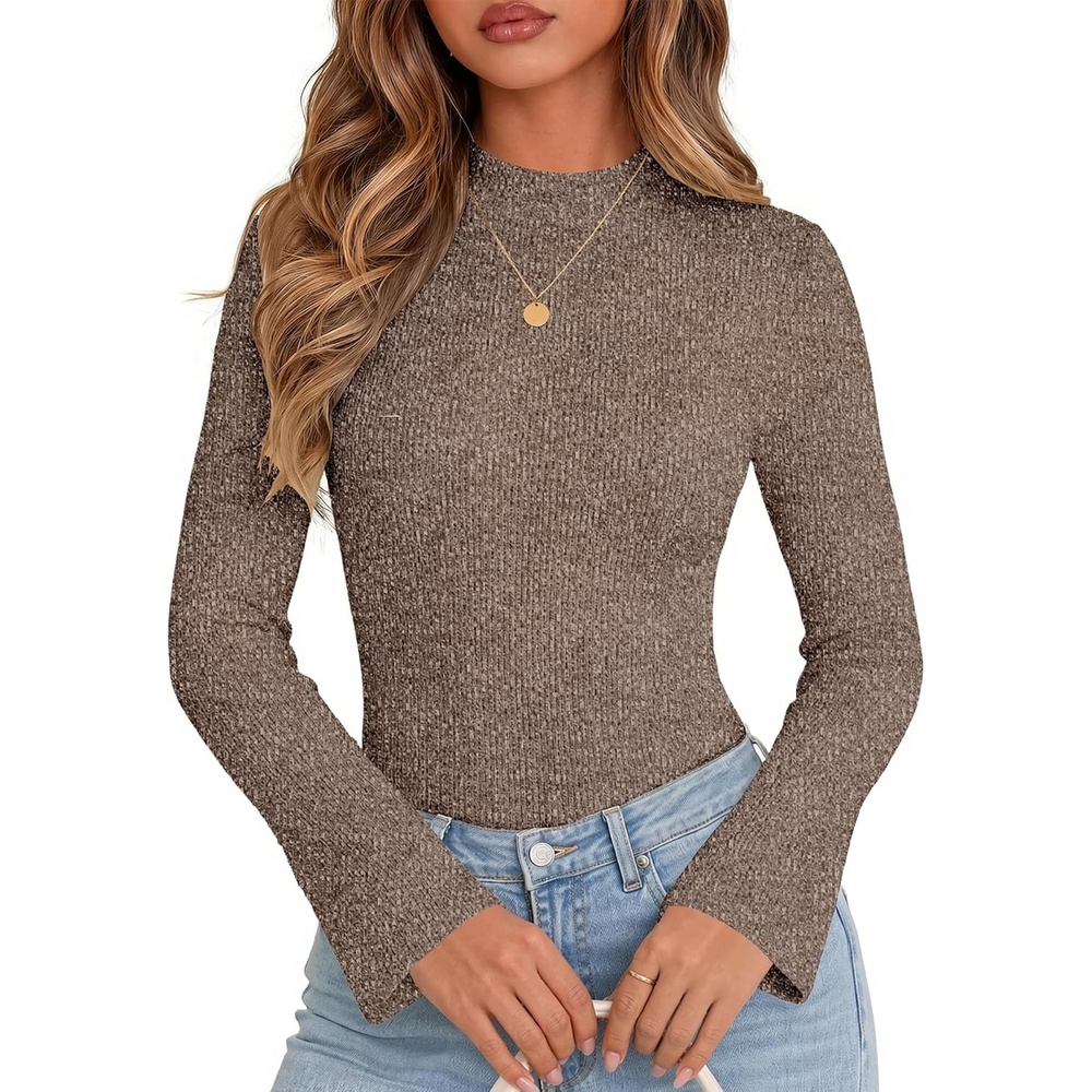 image:imageWomen Mock Turtleneck Tops Ribbed Long Sleeve Shirts Trendy Fall TShirtsBrown