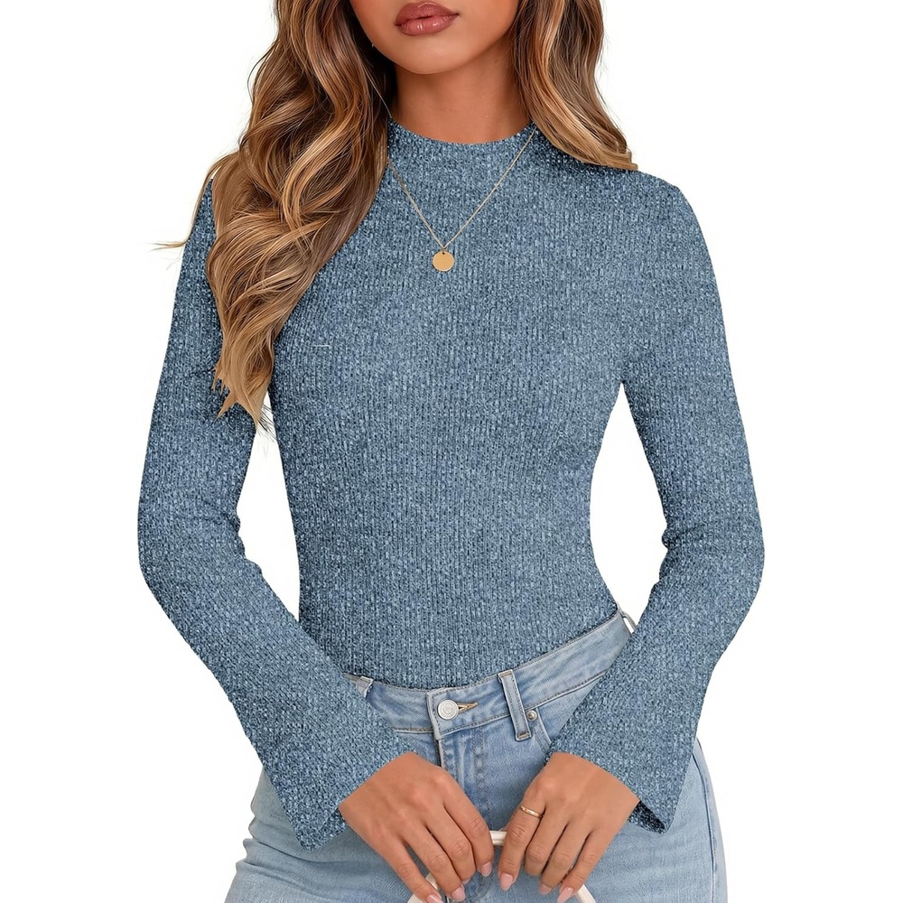 image:imageWomen Mock Turtleneck Tops Ribbed Long Sleeve Shirts Trendy Fall TShirtsDusty Blue