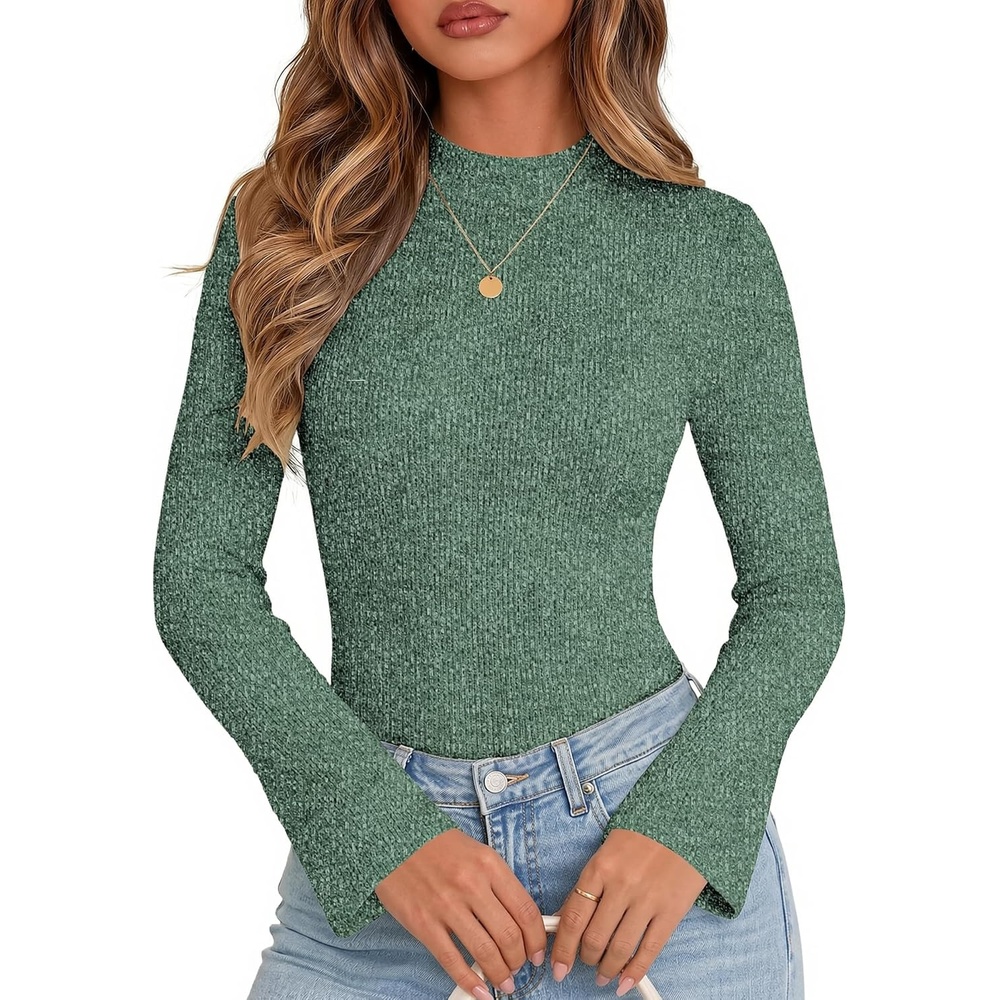 image:imageWomen Mock Turtleneck Tops Ribbed Long Sleeve Shirts Trendy Fall TShirtsLake Green