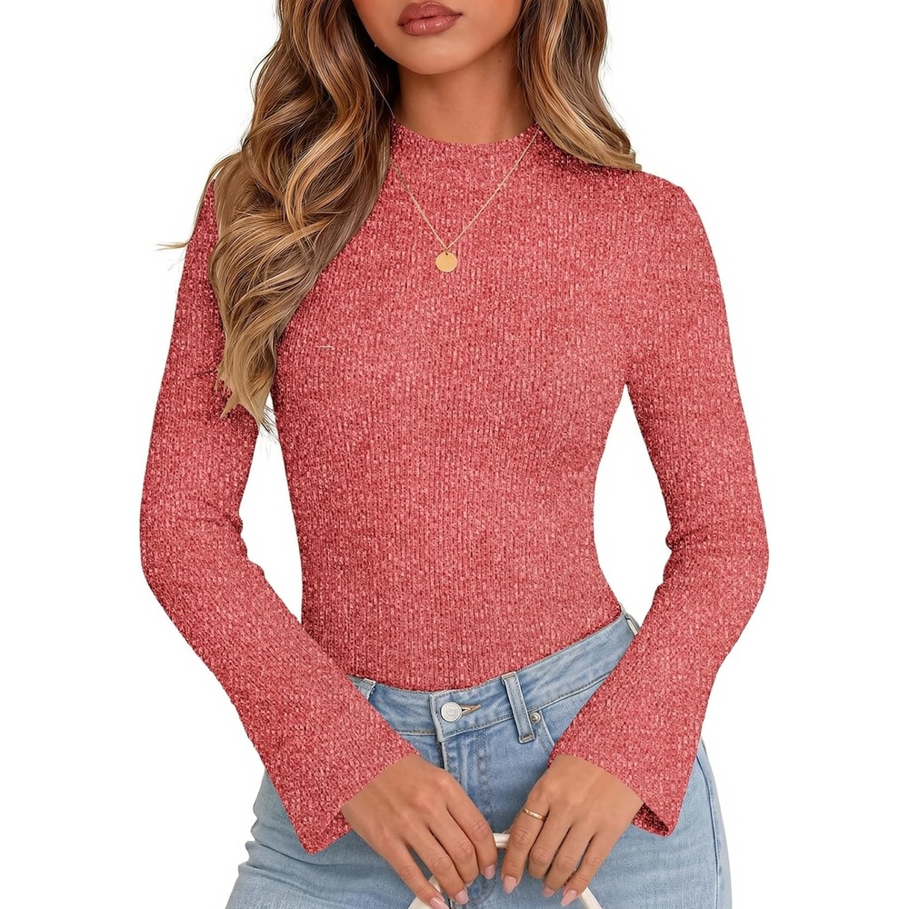 image:imageWomen Mock Turtleneck Tops Ribbed Long Sleeve Shirts Trendy Fall TShirtsRed