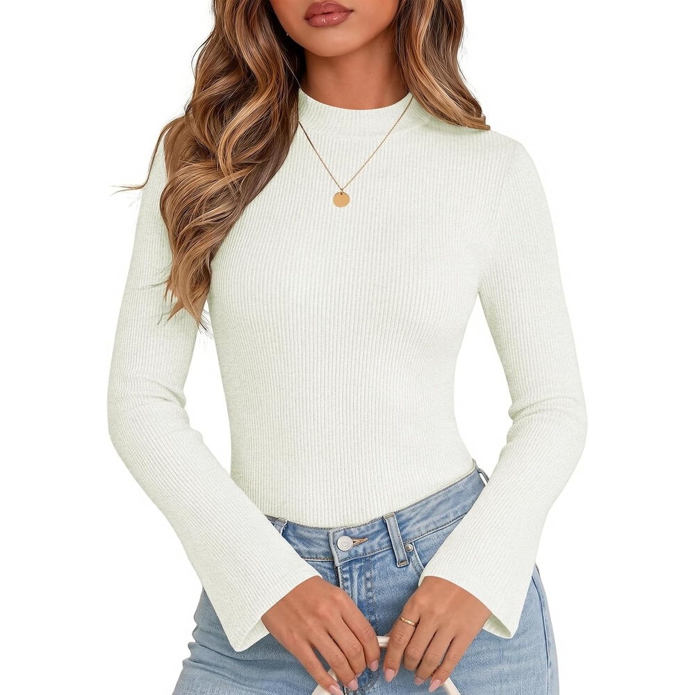 image:imageWomen Mock Turtleneck Tops Ribbed Long Sleeve Shirts Trendy Fall TShirtsWhite