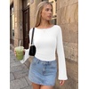 Ekouaer Womens Bell Sleeve Tops Boat Neck Thermal Shirts Fall Undershirt(A-white)