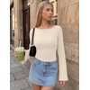 Ekouaer Womens Bell Sleeve Tops Boat Neck Thermal Shirts Fall Undershirt(Beige)