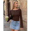 Ekouaer Womens Bell Sleeve Tops Boat Neck Thermal Shirts Fall Undershirt(Brown)