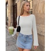 Ekouaer Womens Bell Sleeve Tops Boat Neck Thermal Shirts Fall Undershirt(Grey White Striped)