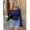 Ekouaer Womens Bell Sleeve Tops Boat Neck Thermal Shirts Fall Undershirt(Navy Blue)
