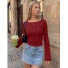 Ekouaer Womens Bell Sleeve Tops Boat Neck Thermal Shirts Fall Undershirt(Red)