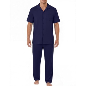 EKouear Mens Pajamas Set Button Down Short Sleeve Shirt Pjs with Long Pants(Navy Blue)