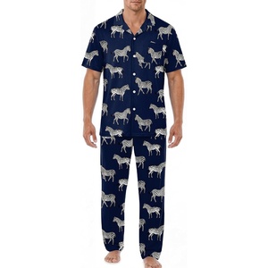 EKouear Mens Pajamas Set Button Down Short Sleeve Shirt Pjs with Long Pants(Navy Zebra)