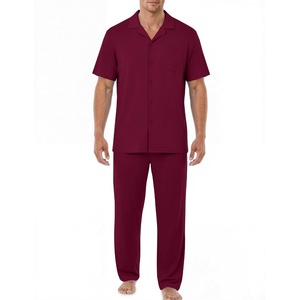 EKouear Mens Pajamas Set Button Down Short Sleeve Shirt Pjs with Long Pants(Wine Red)