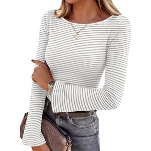 Ekouaer Womens Bell Sleeve Tops Boat Neck Thermal Shirts Fall Undershirt(Grey White Striped)