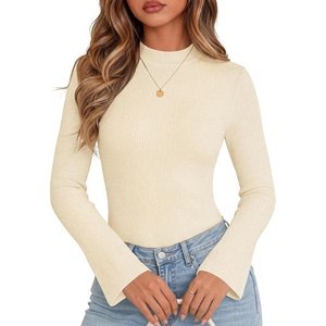 Women Mock Turtleneck Tops Ribbed Long Sleeve Shirts Trendy Fall T-Shirts(Beige)