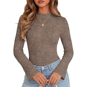 Women Mock Turtleneck Tops Ribbed Long Sleeve Shirts Trendy Fall T-Shirts(Brown)