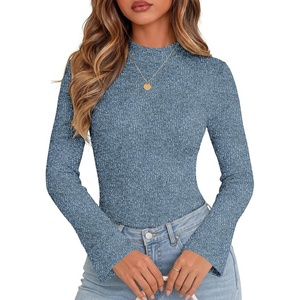 Women Mock Turtleneck Tops Ribbed Long Sleeve Shirts Trendy Fall T-Shirts(Dusty Blue)