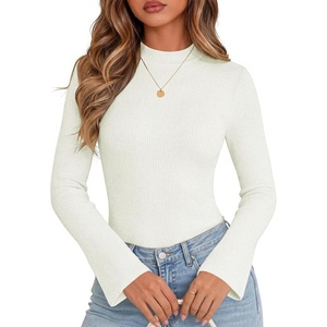 Women Mock Turtleneck Tops Ribbed Long Sleeve Shirts Trendy Fall T-Shirts(White)