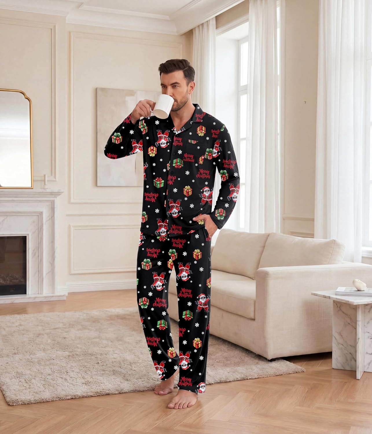 image:imageEkouaer Mens Pajamas Set Long Sleeve Button Down Pjs Long Pants with PocketBlack Christmas Pattern
