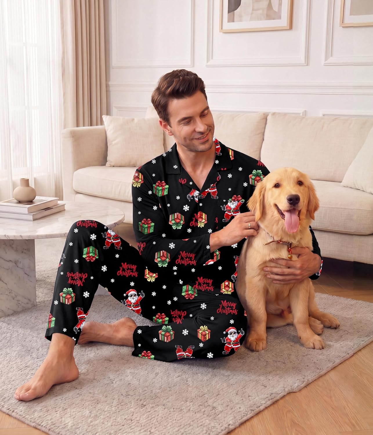 image:imageEkouaer Mens Pajamas Set Long Sleeve Button Down Pjs Long Pants with PocketBlack Christmas Pattern