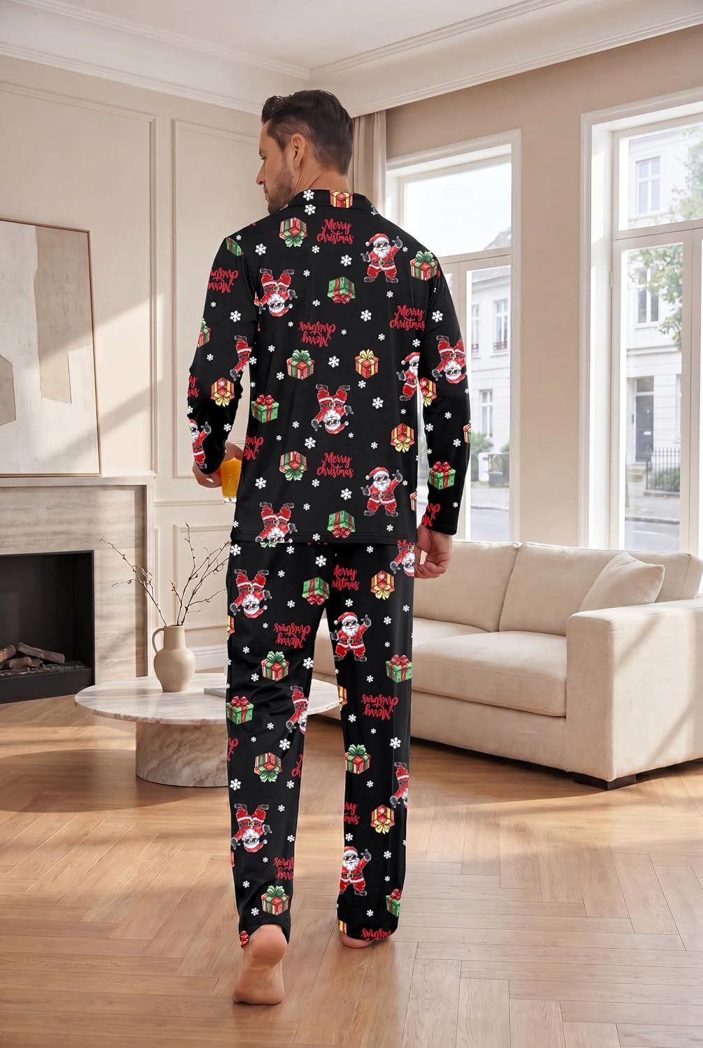 image:imageEkouaer Mens Pajamas Set Long Sleeve Button Down Pjs Long Pants with PocketBlack Christmas Pattern