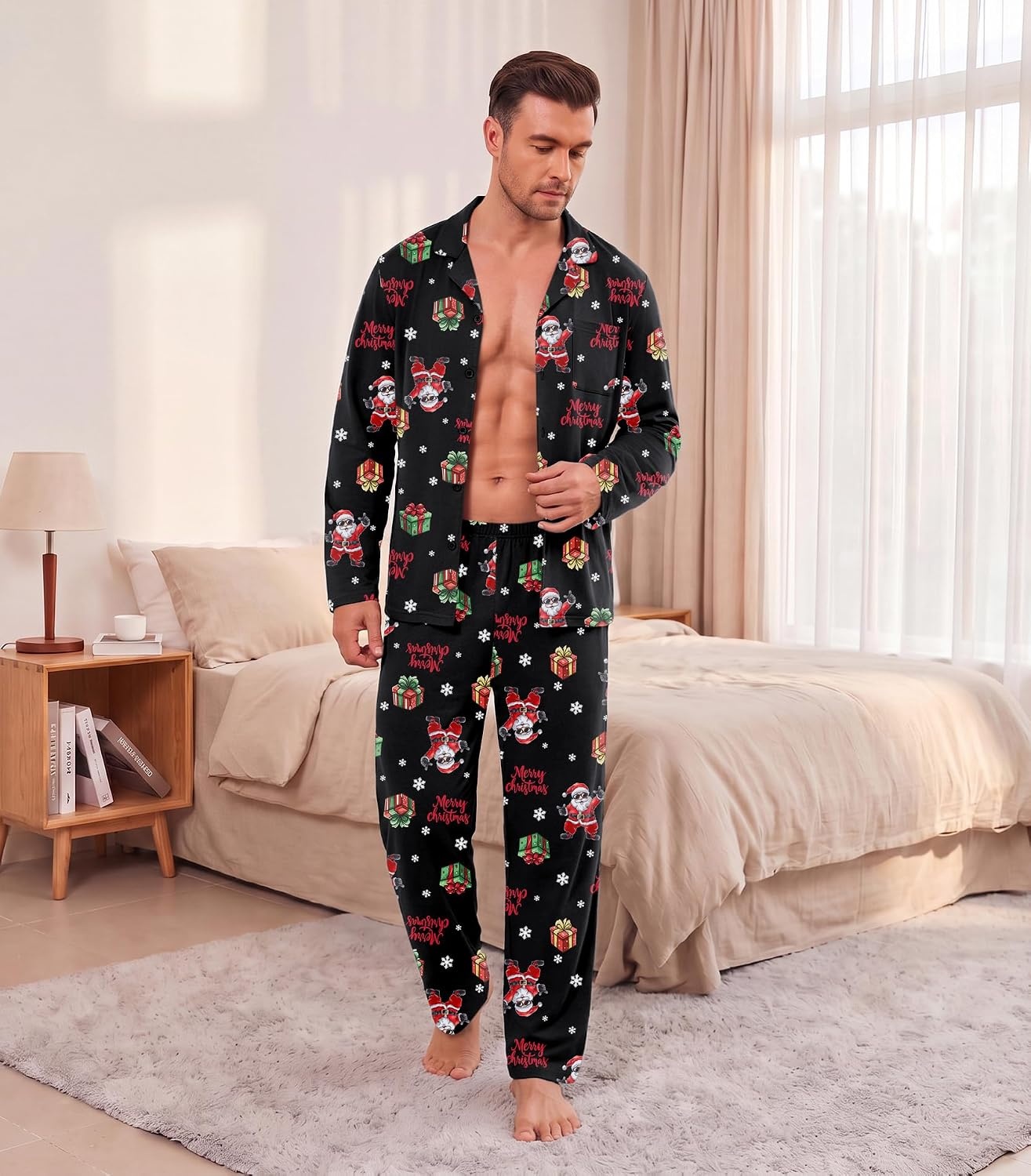 image:imageEkouaer Mens Pajamas Set Long Sleeve Button Down Pjs Long Pants with PocketBlack Christmas Pattern