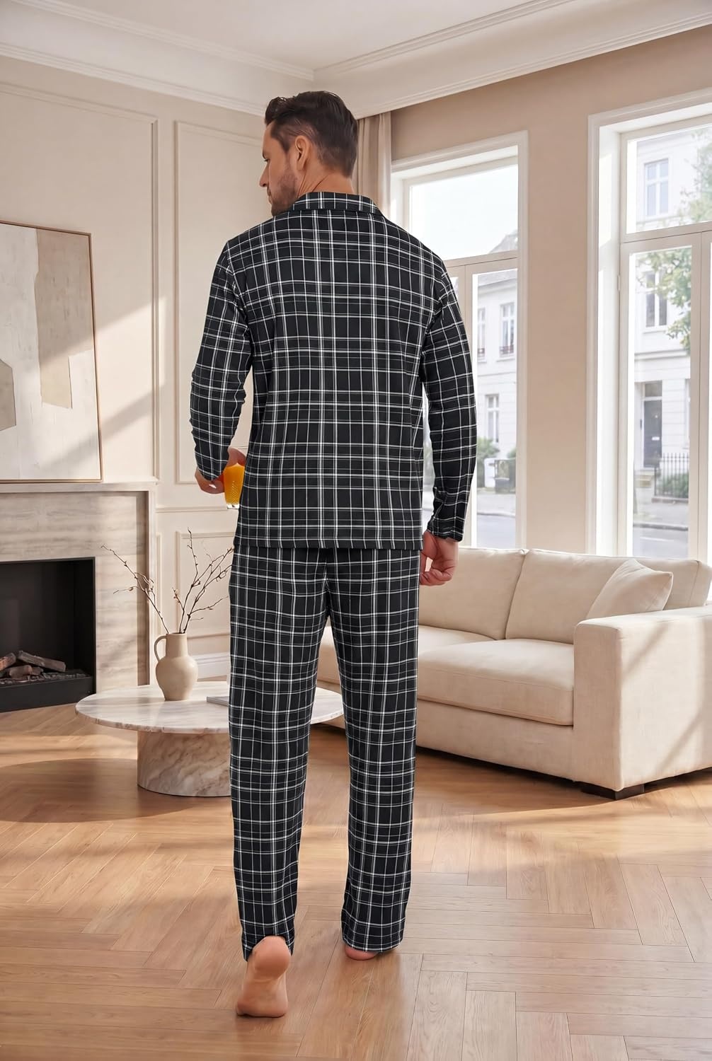 image:imageEkouaer Mens Pajamas Set Long Sleeve Button Down Pjs Long Pants with PocketBlack Plaid