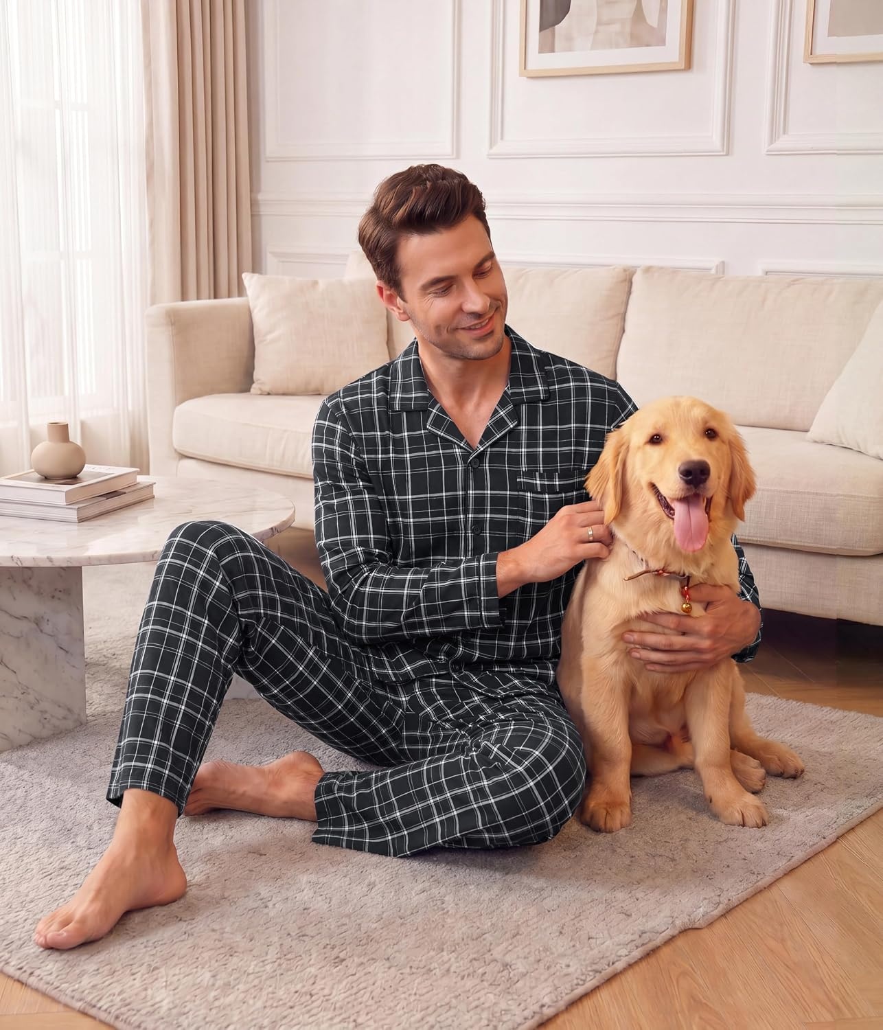 image:imageEkouaer Mens Pajamas Set Long Sleeve Button Down Pjs Long Pants with PocketBlack Plaid