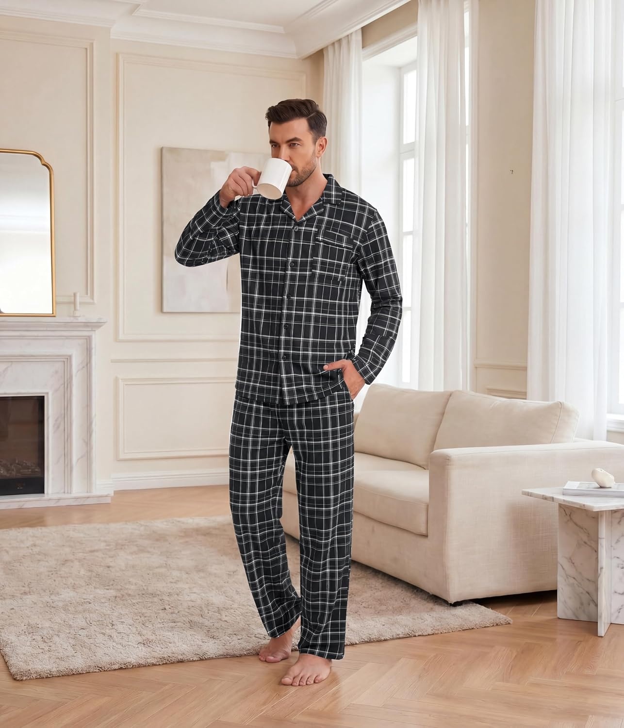 image:imageEkouaer Mens Pajamas Set Long Sleeve Button Down Pjs Long Pants with PocketBlack Plaid