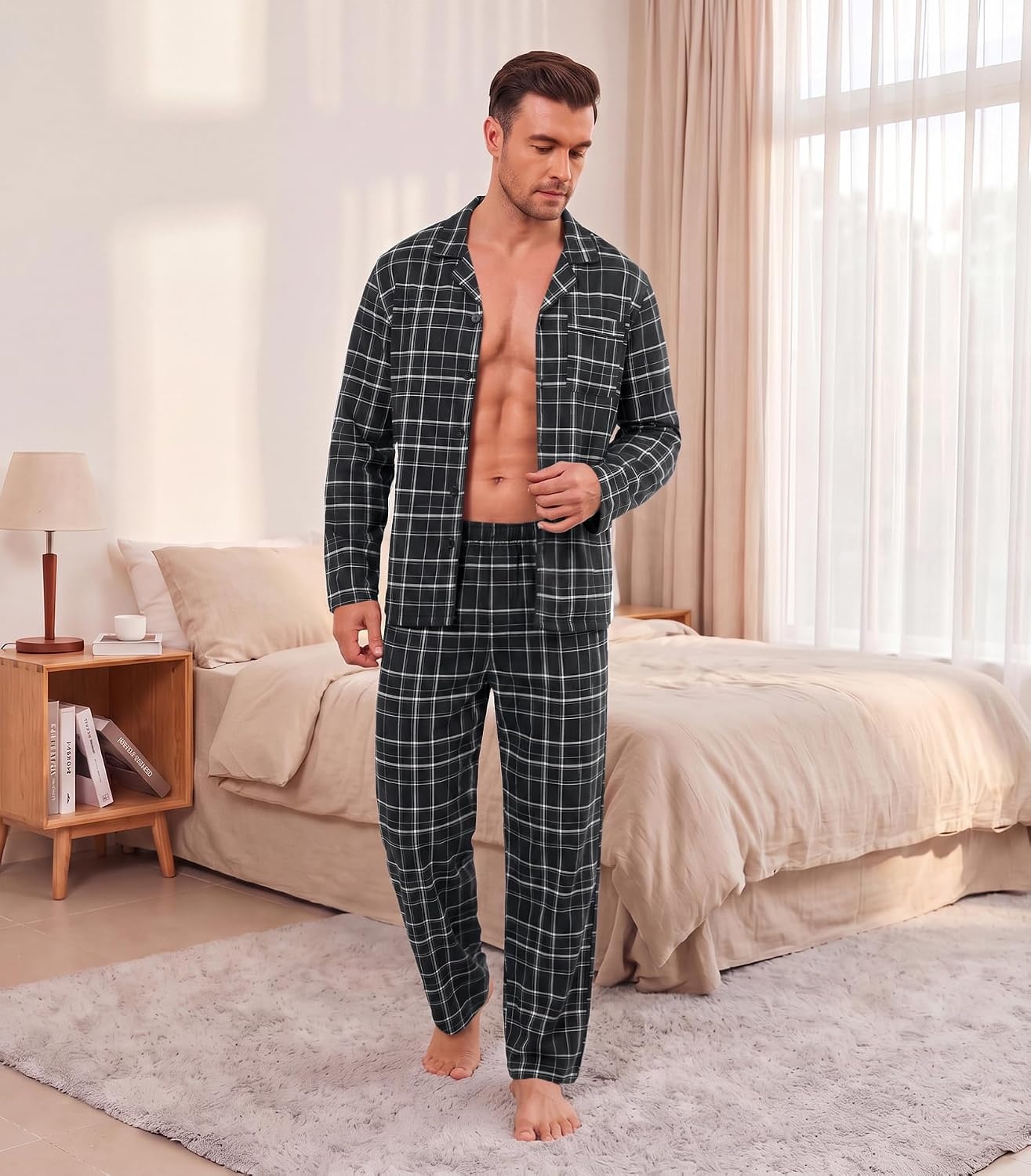 image:imageEkouaer Mens Pajamas Set Long Sleeve Button Down Pjs Long Pants with PocketBlack Plaid