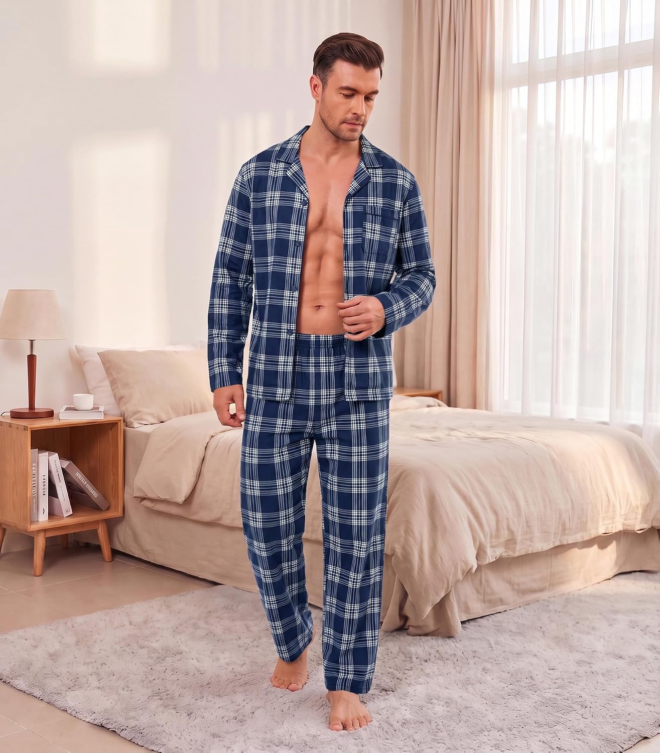 image:imageEkouaer Mens Pajamas Set Long Sleeve Button Down Pjs Long Pants with PocketBlue Plaid