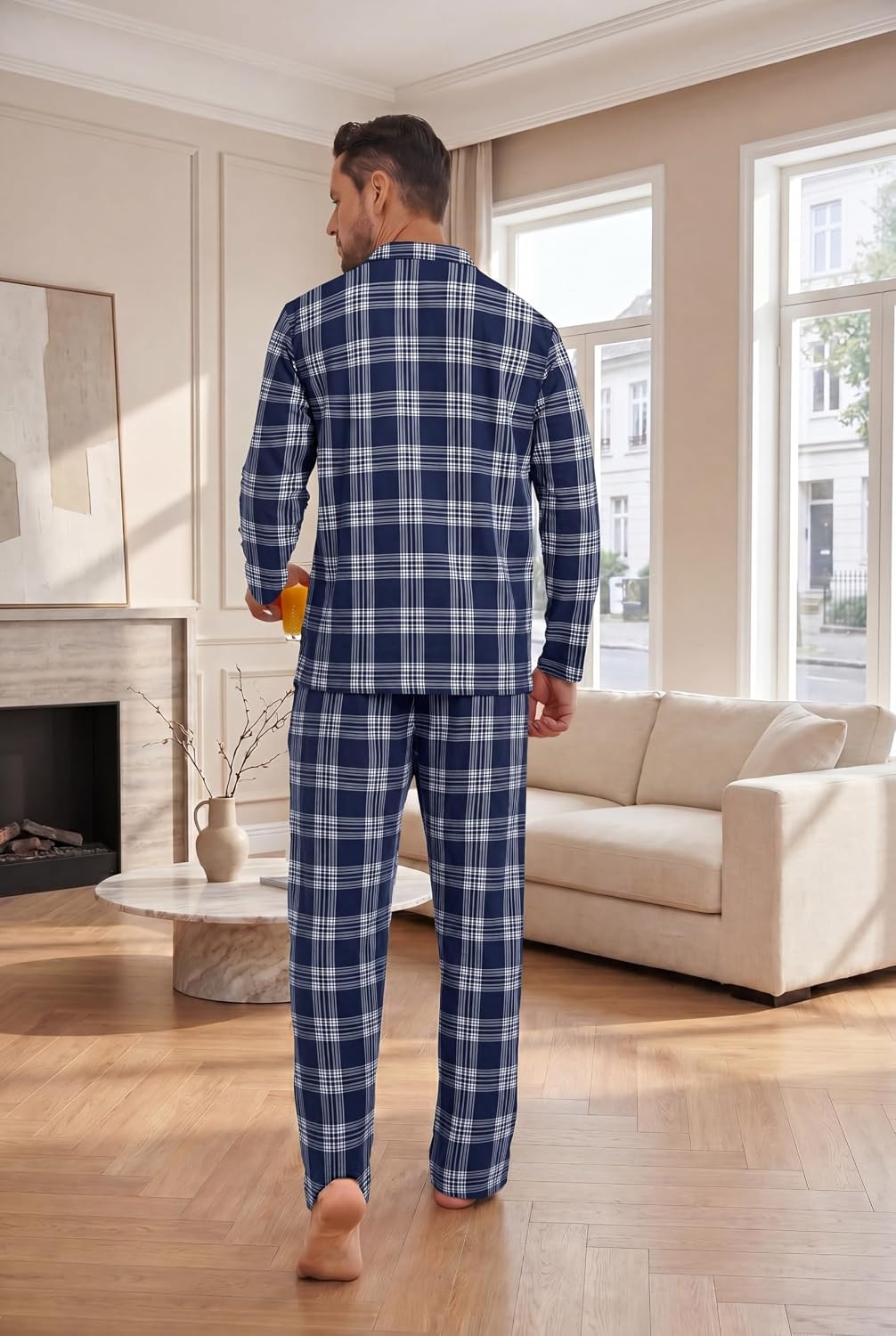 image:imageEkouaer Mens Pajamas Set Long Sleeve Button Down Pjs Long Pants with PocketBlue Plaid