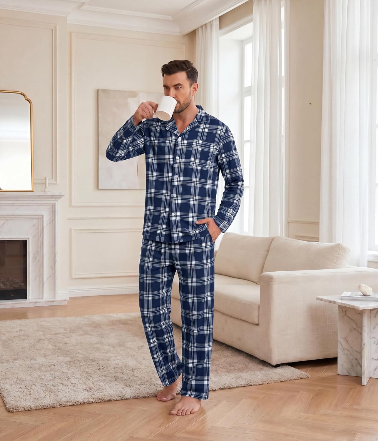 image:imageEkouaer Mens Pajamas Set Long Sleeve Button Down Pjs Long Pants with PocketBlue Plaid