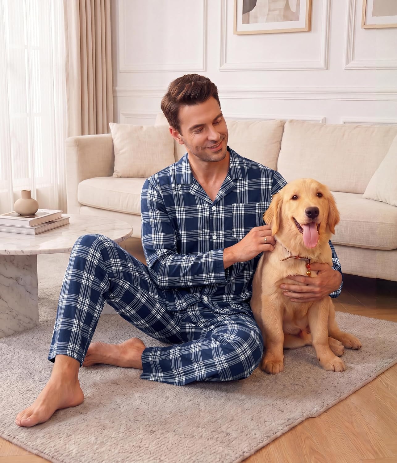 image:imageEkouaer Mens Pajamas Set Long Sleeve Button Down Pjs Long Pants with PocketBlue Plaid